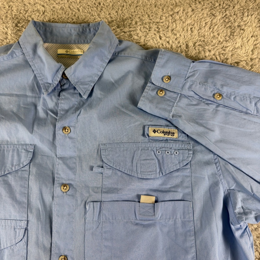Columbia PFG Largemouth Bass Fishing Shirt Mens Medium Blue Long Sleeve Vented